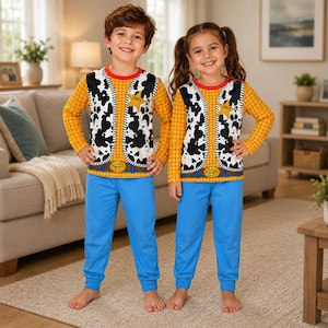 May include: Two-piece pajama sets featuring a long-sleeved top with a yellow and orange plaid pattern, a white vest overlay with black cow print, a yellow sheriff star badge, and a brown belt graphic. The set includes solid blue jogger-style pants.