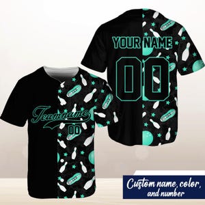 May include: Black and teal bowling jersey with a teal bowling pin pattern. The jersey has a white collar and a button-up front. The back of the jersey has a large number "00" and the text "YOUR NAME".