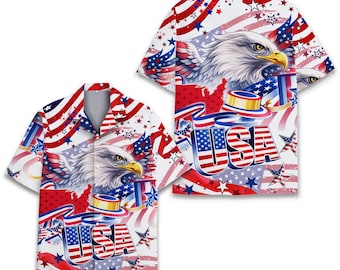 Camisa hawaiana con bandera estadounidense, camisa con estampado de EE. UU., camisa patriótica del 4 de julio, camisa roja, blanca y azul, regalo para él