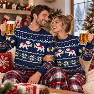 May include: A navy blue long-sleeve jumper featuring a repeating pattern of white polar bears wearing red scarves and holding beer mugs, accented with white snowflakes, geometric shapes, and mountain silhouettes across the chest and sleeves.