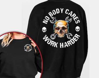 Niemand geeft om Work Harder-sweater, Nobody Cares Work Harder-sweater, Work Harder-shirt, blauwe kraag, Bad Ass Skull-hoodie, Skulls-shirt