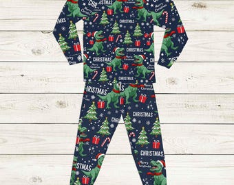 Pijama familiar navideño de Papá Noel, dinosaurio y muñeco de nieve. Divertido pijama navideño de T-Rex. Regalo familiar a juego.