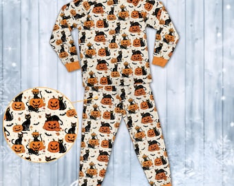 Halloween-pyjamaset met spookachtige pompoen en spookkatprint – leuke herfstnachtkleding voor een trick or treat-feest en gezellige nachtkleding voor kinderen en volwassenen
