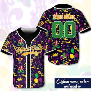 Camiseta de béisbol de Mardi Gras personalizada, camiseta de béisbol con nombre y número personalizados, camiseta de carnaval de Mardi Gras, regalo para la familia