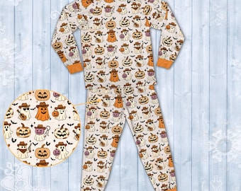 Zestaw piżam rodzinnych na Halloween z nadrukiem przedstawiającym ducha i dynię z kreskówki, jesienna piżama dla dzieci i dorosłych, upiorna piżama na Halloween