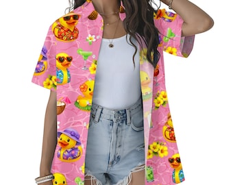 Lustiges Gummi Enten Hawaii Hemd für Frauen, Tropische Ente Aloha Shirt, niedlicher Sommer Knopf, Enten Liebhaber Geschenk