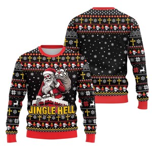 May include: A black long-sleeve crewneck jumper featuring a graphic of a skeleton Santa Claus carrying a sack of skulls on a chimney. The text JINGLE HELL is printed in yellow. The jumper has a red collar, cuffs, and hem with snowflake patterns.