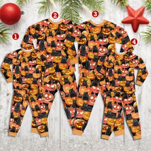 Spooky Pumpkin Ghost Cat Print Halloween Pajamas Set – Cute Fall Sleepwear for Trick or Treat Party and Cozy Nightwear for Kids and Adults