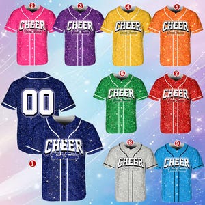 Personalized Team Name Cheer with Number Baseball Jersey, Custom Baseball Jersey Shirt, Jersey Uniform (Printed Glitter, Not Glitter Fabric)