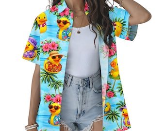 Lustiges Gummi Enten Hawaii Hemd für Frauen, Tropische Ente Aloha Shirt, niedlicher Sommer Knopf, Enten Liebhaber Geschenk