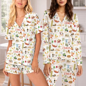 Italy Travel Satin Pajama Set For Women, Italian Food Print Pajamas Long Sleeve Or Short Sleeve Button Up, Gift For Travel Lovers