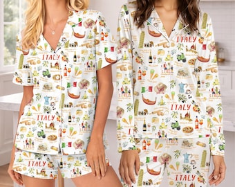 Italy Travel Satin Pajama Set For Women, Italian Food Print Pajamas Long Sleeve Or Short Sleeve Button Up, Gift For Travel Lovers