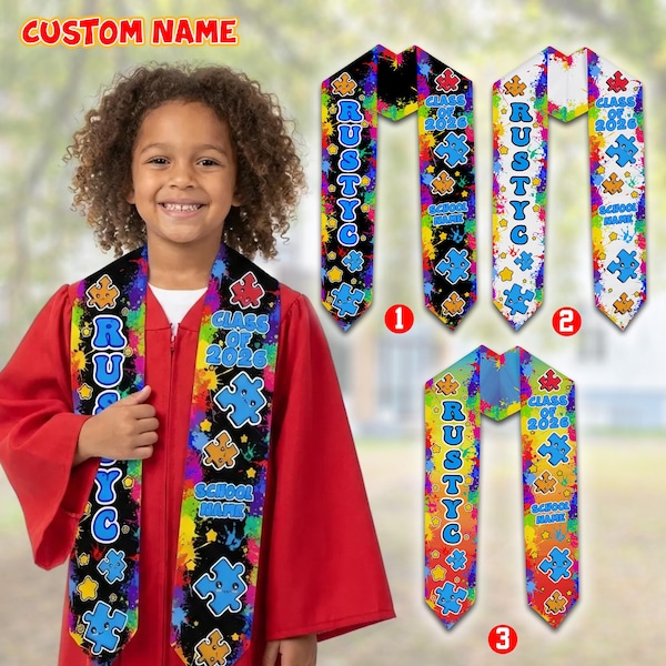 Estola de graduación personalizada para niños, estola de graduación de preescolar y jardín de infantes con nombre personalizado para la clase de 2026 con diseño de rompecabezas para el autismo.
