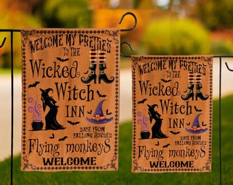 Halloween Garden Flag Wicked Witch Inn Yard Banner | Spooky Outdoor Decor Flying Monkeys Welcome Haunted House Porch Sign