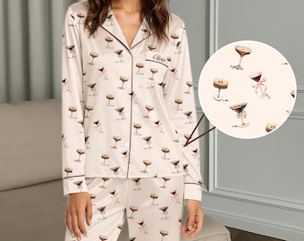 Custom Name Cocktail Pajamas Martini Satin Sleepwear Womens Pjs Set Espresso Martini PJs Drink Print Booze Pajamas Cozy PJ Gift