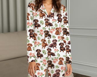Pijama de perro salchicha, pijama para mujer, pijama para perro salchicha, pijama para cachorro, pijama para perro bonito, ropa de estar cómoda, pijama floral