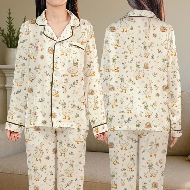 Ankpyjamasset för kvinnor, sött gåspyjamasset, kort eller lång pyjamas, mysigt djurtryckt pyjamasset i cottagecore-stil, rolig gåsskjorta bild 4