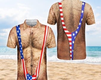 Polo drôle de poitrine poilue des États-Unis pour les hommes, conception d'illusion de drapeau américain, chemise de golf patriotique du 4 juillet, cadeau de tenue de fête