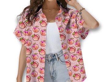 Funny Peach Hawaiian Shirt for Women, Cute Peach Butt Fruit Print