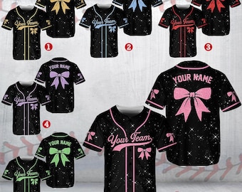 Personalisiertes Team Name Number Bow Ribbon Baseball Jersey, Benutzerdefiniertes Jubel-Baseball-Trikot, Glitzer-Jersey (gedruckter Glitzer, kein Glitzer-Stoff)