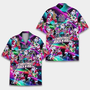 Camicia hawaiana rock con Babbo Natale per uomo e donna, camicia natalizia con chitarra, batteria e sassofono al neon, camicia con bottoni per concerto rock di Natale, regalo per gli amanti del rock and roll