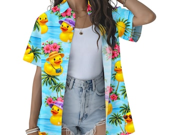 Lustiges Gummi Enten Hawaii Hemd für Frauen, Tropische Ente Aloha Shirt, niedlicher Sommer Knopf, Enten Liebhaber Geschenk