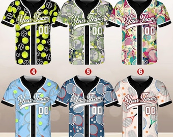 Custom Tennis Baseball Jersey, Personalized Sports Shirt, Tennis Racket & Ball Design, Athletic Team Uniform, Game Day Outfit