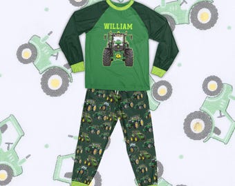 Custom Name Tractor Pajamas Set For Kids – Green Tractor Pjs, Farm Theme Sleepwear, Boys Tractor Nightwear, Toddler Tractor Outfit