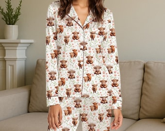 Highland Cow Pjs Cow Pajama Set Womens Pjs Set Cute Cow Pajamas Floral Cow Pjs Cow Lover Gift Cow Print Pjs Pajama Set Women