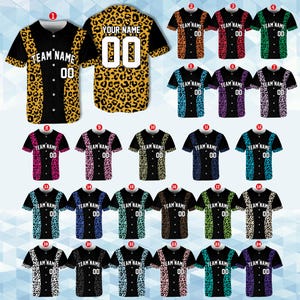 May include: Twenty-four baseball jerseys with a leopard print design. The jerseys are in various colours, including black, white, pink, blue, green, and red. The jerseys have the text "TEAM NAME" and "00" on the front.