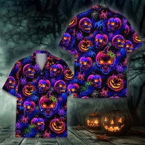 Halloween Neon Skull Hawaiian Shirt for Men Women Youth, Spooky Pumpkin Button Up Top, Casual Neon Party Apparel, Halloween Gift