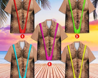Divertida camisa hawaiana musculosa para hombre, camisa con efecto de traje de baño con pecho peludo, camisa hawaiana divertida para fiestas en la playa, regalo original para vacaciones de verano