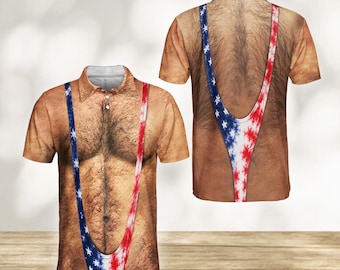USA Funny Hairy Chest Polo Shirt for Men, American Flag Illusion Design, 4th of July Patriotic Golf Shirt, Party Outfit Gift