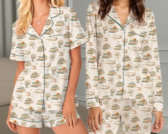 Book Pajamas Set for Women, Cozy Bookish Sleepwear Set, Short or Long Pajama Set, Cottagecore Aesthetic Reading Gift, Reading PJs For Women