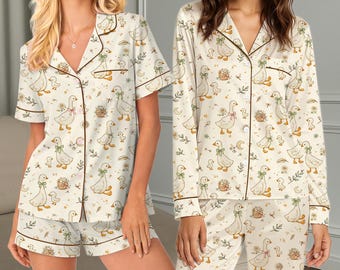 Pijama de pato para mujer, bonito pijama de ganso, corto o largo, acogedor pijama con estampado animal cottagecore, camiseta divertida de ganso.
