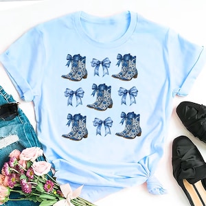 Chemise cow-girl coquette, chemise noeud toile de Jouy, t-shirt tendance, esthétique coquette, cadeau fille mignon, t-shirt noeud bleu, t-shirt noeud bleu