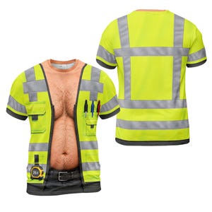 May include: A short-sleeved t-shirt featuring a high-visibility yellow safety vest print over a realistic graphic of a bare, hairy torso. The design includes reflective silver stripes, pockets with three pens, and a 25 ft tape measure graphic.