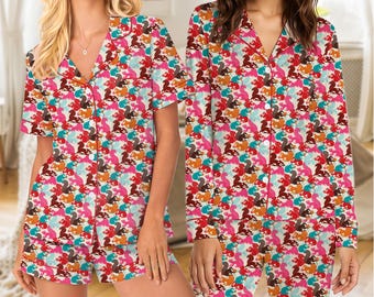 Cute Squirrel Satin Pajama Set for Women, Colorful Animal Sleepwear Set, Funny Squirrel Print Pajamas, Cozy Loungewear Gift for Her