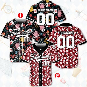 Maillot de baseball Alice au pays des merveilles, nom et numéro personnalisés, chemise fantaisie Tea Party, maillot de cartes à jouer du chapelier fou, cadeau sport unique