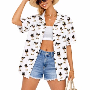 Cocktail Cat Hawaiian Shirt for Women, Funny Cat Martini Shirt, Cute Cat Drinking Aloha Shirt, Summer Beach Vacation Outfit