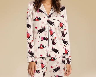 Valentine Cat Pjs Satin Cat Pajamas Women Cute Cat Sleepwear Kitty Print Pjs Heart Pattern Pjs Valentines Pjs Set Cozy PJ Gift Womens Pjs
