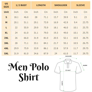 Peut inclure: Un tableau des tailles pour un polo, avec des mesures en pouces et en centim&egrave;tres. Le tableau comprend les tailles S &agrave; 5XL, d&eacute;taillant les dimensions de la poitrine, de la longueur, des &eacute;paules et des manches. Le texte "Men Polo Shirt" est &eacute;galement affich&eacute;.