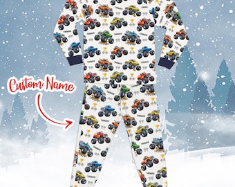 Monster Truck Pajamas Kids Christmas PJs Personalized Kids PJs Custom Name Pajamas Boys Sleepwear Set Holiday Gift Outfit Birthday Gift