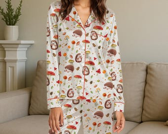 Pijama de erizo para mujer, conjunto de pijama con setas del bosque, pijama con animales adorables estilo cottagecore, ropa de dormir acogedora con temática de bosque, regalo para ella