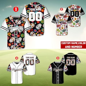 Maillot de baseball personnalisé floral Sugar Skull, nom personnalisé De Los Muertos Jersey, jour des morts, Halloween mexicain, chemise artistique du Mexique