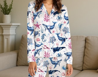 Conjunto de pijama Ocean Sea Life para mujer, de satén, de manga corta, con estampado de ballena y caballito de mar, ideal para estar en casa durante el verano, ideal como regalo de tortuga y arrecife de coral.