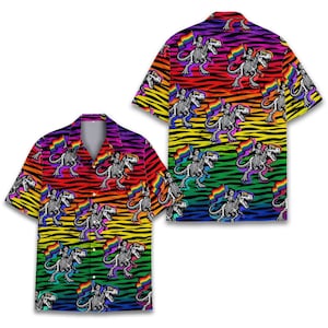 Pride Dinosaur Hawaiian Shirt for Men Women, Rainbow T Rex Skeleton Aloha Button Down Shirt, LGBTQ Pride Month Gift