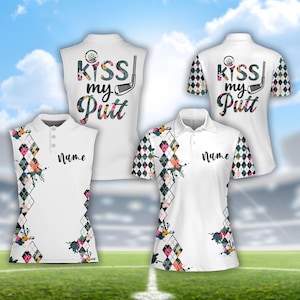Pode incluir: Camisas polo de golfe brancas com estampas florais e geométricas. Uma camisa sem mangas e três camisas de manga curta apresentam o texto "Kiss my Putt" e "Name". As camisas têm um design de bola e taco de golfe.