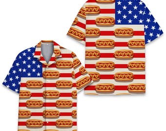 Camiseta de perrito caliente del 4 de julio, divertida camisa hawaiana de barbacoa para adultos y jóvenes, camisa patriótica tropical estadounidense con botones, regalo para vacaciones de verano