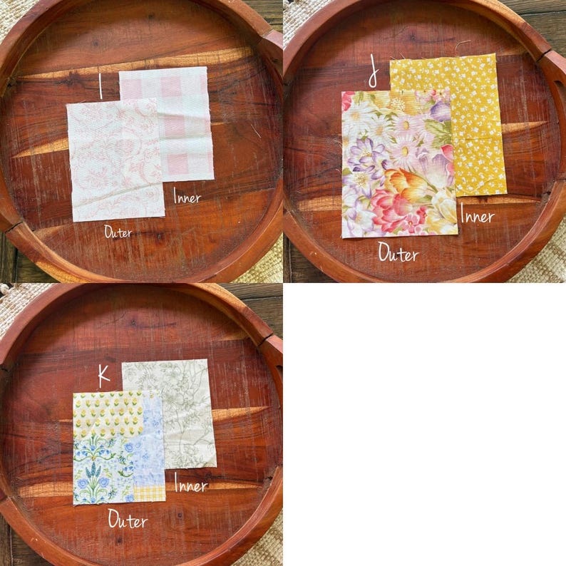 Puede incluir: Tres conjuntos de cuadrados de tela dispuestos sobre una bandeja de madera. Cada conjunto incluye un cuadrado "Outer" y un cuadrado "Inner". Las telas presentan dise&ntilde;os florales, estampados y de cuadros en varios colores, incluyendo rosa, amarillo y azul. La letra "K" es visible.